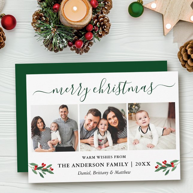 Cartão De Festividades Calliografia Feliz Natal Holly 3 Foto Verde (Customize to add text to back of card or to change color of back of card.)