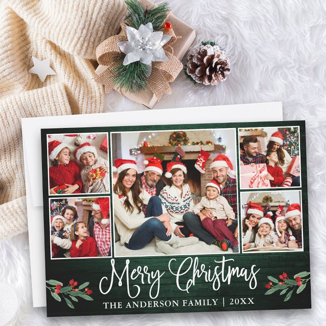 Cartão De Festividades Calliografia Green Wood Holly 5 Foto Natal (Customize to add text to back of card.)