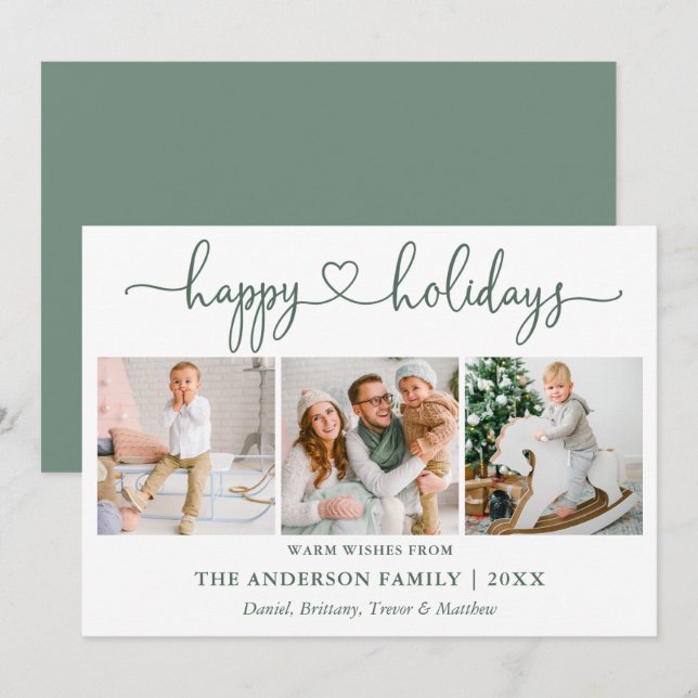 Cartão De Festividades Calliografia Heart 3 Photo Sage Green (Frente/Verso)