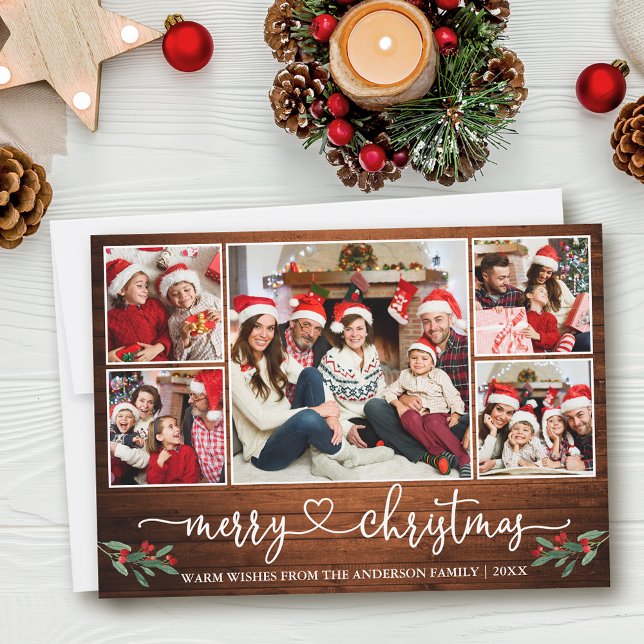 Cartão De Festividades Calliografia Heart 5 Photo Wood Holly (Customize to add text to back of card.)