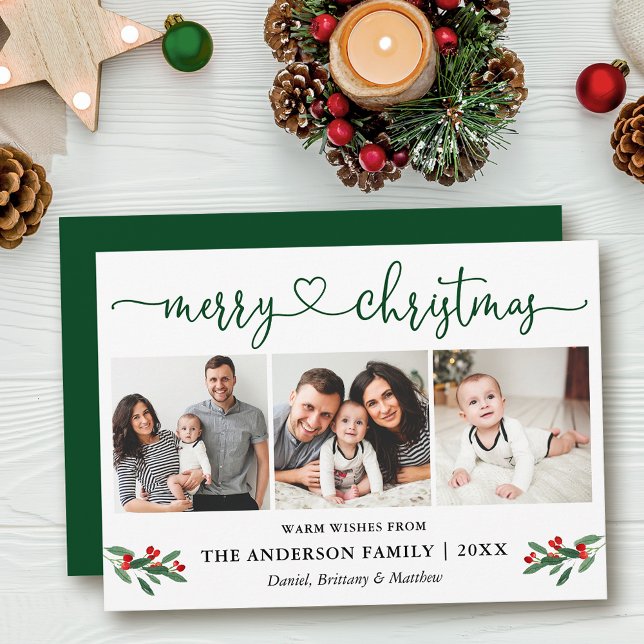 Cartão De Festividades Calliografia Heart Christmas Holly 3 Photo Green (Customize to add text to back of card or to change color of  back of card.)