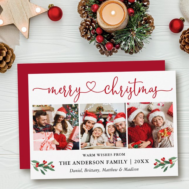 Cartão De Festividades Calliografia Heart Christmas Holly 3 Photo Red (Customize to add text to back of card or to change color of  back of card.)