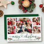 Cartão De Festividades Calliografia Heart Christmas Holly 5 Photo Green<br><div class="desc">Cartões de Feriado de 5 Fotos Feliz Natal Feliz da Caligrafia Moderna incluem Berries Red Holly - Script Verde</div>