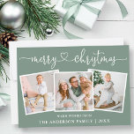 Cartão De Festividades Calliografia Heart Christmas Sage Green 3 Photo<br><div class="desc">Cartaz de Natal Feliz 3 Foto Feriado do Coração da Caligrafia Moderna - Fundo Verde Sage</div>