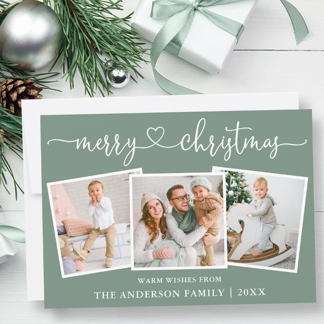 Cartão De Festividades Calliografia Heart Christmas Sage Green 3 Photo (Customize to change your personalized text size or text style.)