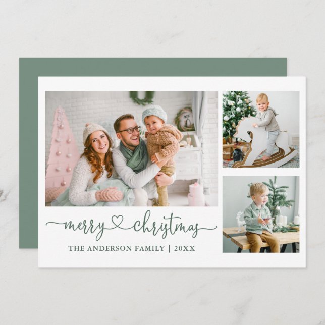 Cartão De Festividades Calliografia Heart Sage Green Christmas 3 Photo (Frente/Verso)