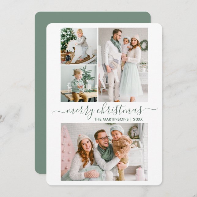 Cartão De Festividades Calliografia - Script 4 Foto de Natal Verde (Frente/Verso)