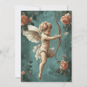Cartão De Festividades Cama de Cupido e Rosas em estilo retrô