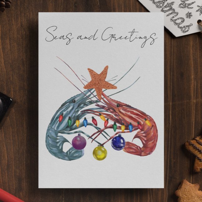 Cartão De Festividades Camarão de Aquarela Natal Crustaceano (Criador carregado)