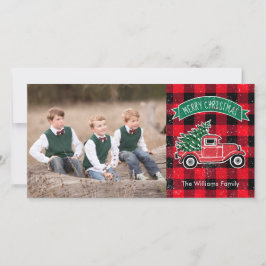 Cartão De Festividades Caminhão Antigo Árvore de Natal Xadrez Vermelho de