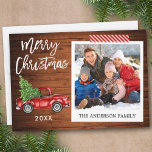 Cartão De Festividades Caminhão de Fotografias Instantâneas de Fita de Ar<br><div class="desc">Roteiro de Pincel Moderno,  Caminhão Vermelho Vintage com Aquarela com Árvore de Natal,  Estilo de Câmera Instantânea Foto Feliz Cartão de Natal - Madeira Rústica e Fita de Artesanato Vermelha Strike</div>