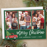 Cartão De Festividades Caminhão de Natal Verde 3 Fotográfico do Script de<br><div class="desc">Cartão de Férias de Natal Feliz para a Família Foto Verde 3 Foto do Escovo Moderno. Watercolor Vintage Red Truck com Árvore de Natal.</div>