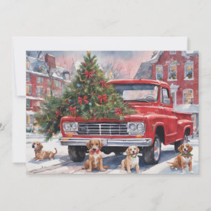 Cartão De Festividades Caminhão de Natal Vermelho na vila com cachorrinho