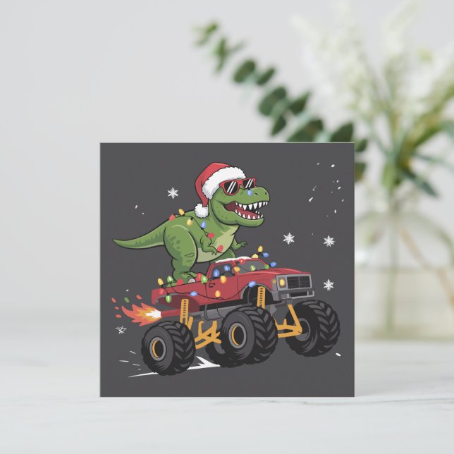 Cartão De Festividades Caminhão Monstro do T-Rex Dinossauro no Natal  (Em pé/Frente)