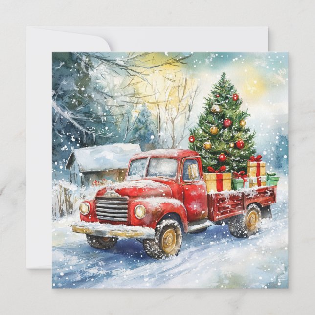 Cartão De Festividades Caminhão Transportando Árvore de Natal (Frente)