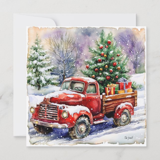 Cartão De Festividades Caminhão Transportando Árvore de Natal (Frente)