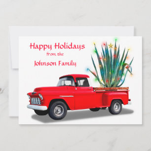 Cartão De Festividades Caminhão Vermelho com Cacto Brilhante em branco, P