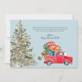 Cartão De Festividades Caminhão Vermelho de Aquarela com presentes e árvo