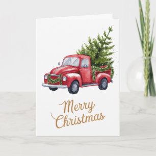 Cartão De Festividades Caminhão Vermelho de Natal em Aquarela Personaliza