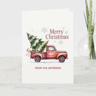 Cartão De Festividades Caminhão Vermelho de Natal em Aquarela Personaliza