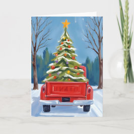Cartão De Festividades Caminhão Vermelho Entrega Árvore de Natal Aquarela