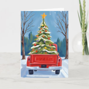 Cartão De Festividades Caminhão Vermelho Entrega Árvore de Natal Aquarela