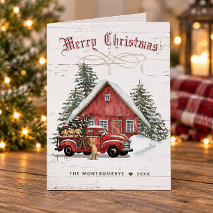 Cartão De Festividades Caminhão Vermelho Rústico Vintage Cachorros Natal