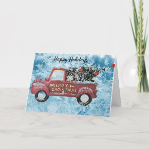 Cartão De Festividades caminhão vintage vermelho em um fundo de floco de