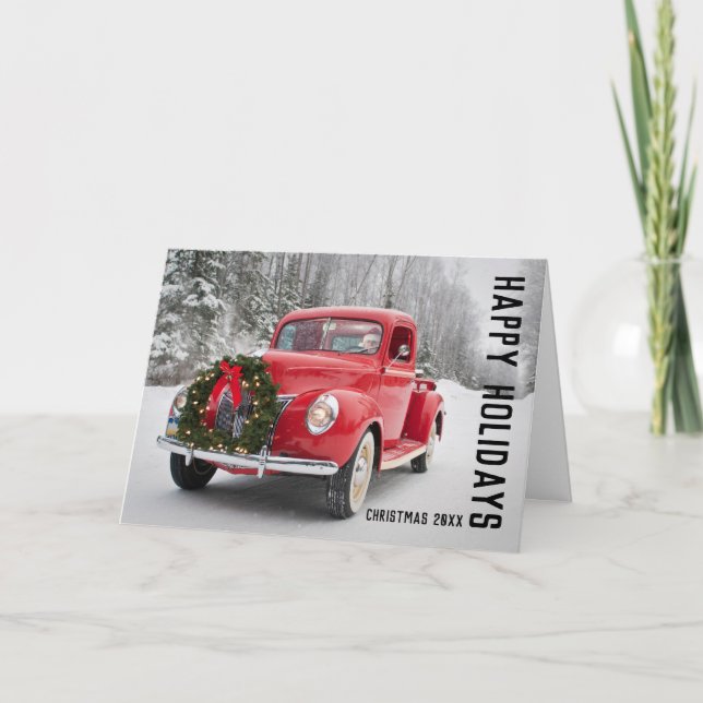 Cartão De Festividades Caminhonete Vermelha com Coroa de Natal (Frente)