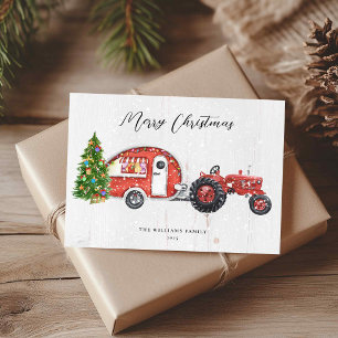 Cartão De Festividades Camper de Trator Vermelho Vintage Natal Não-Foto