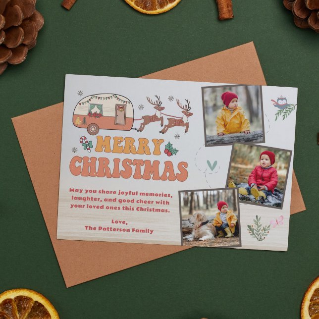 Cartão De Festividades Camping Merry Christmas Photo Collage Reindeer (Criador carregado)