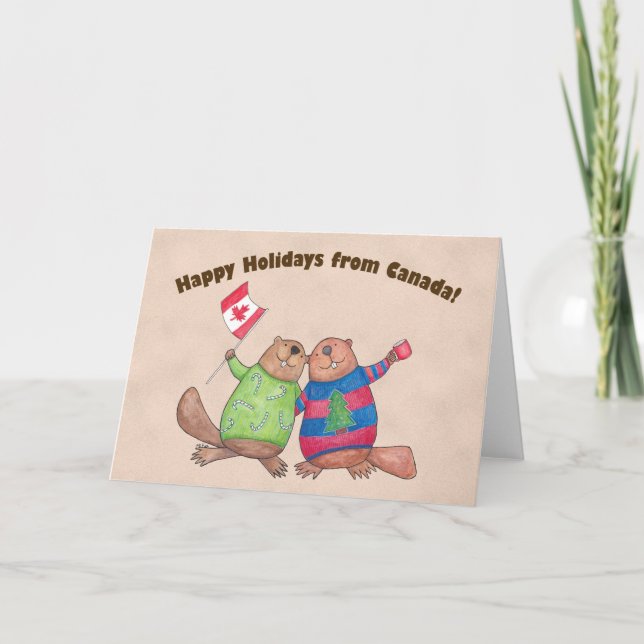 Cartão De Festividades Canadian Christmas Card Beavers Holiday Card (Frente)