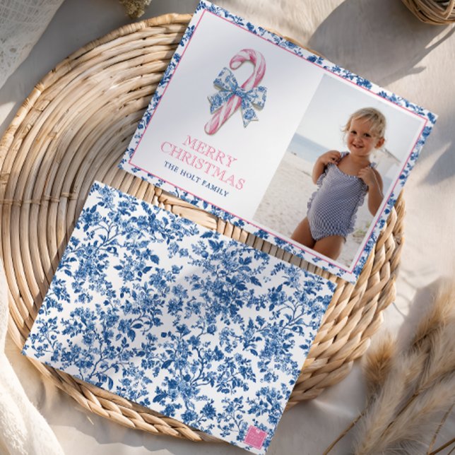 Cartão De Festividades Canas de Natal Azul e Chinoiserie Rosa (Criador carregado)