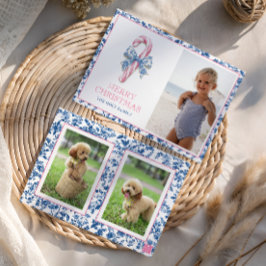 Cartão De Festividades Canas de Natal Azul e Chinoiserie Rosa