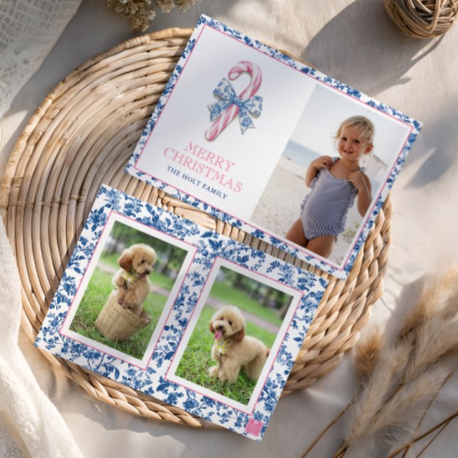 Cartão De Festividades Canas de Natal Azul e Chinoiserie Rosa (Criador carregado)