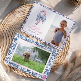 Cartão De Festividades Canas de Natal Azul e Chinoiserie Rosa