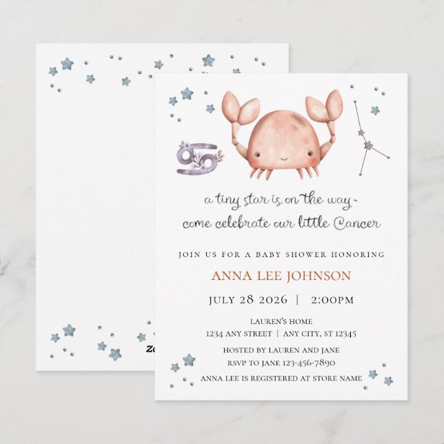 Cartão De Festividades Cancer Zodiac Baby Shower Invitation (Frente/Verso)