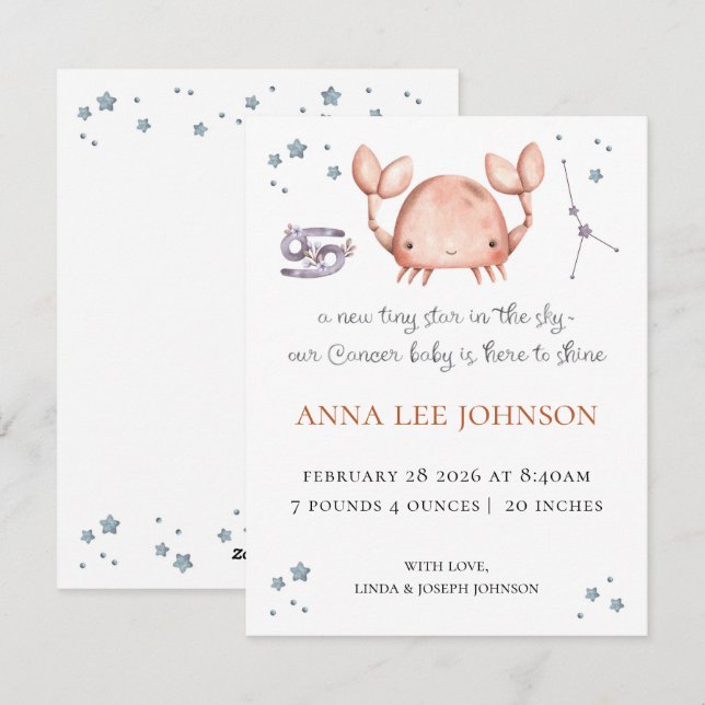 Cartão De Festividades Cancer Zodiac Birth Announcement (Frente/Verso)