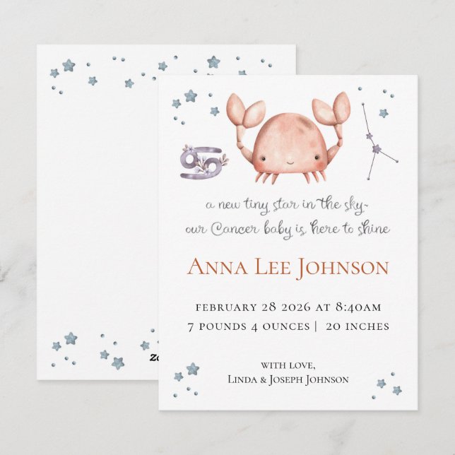 Cartão De Festividades Cancer Zodiac Birth Announcement (Frente/Verso)