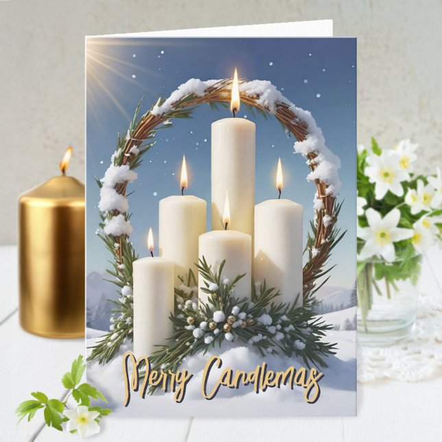 Cartão De Festividades Candlemas Wiccan Imbolc Snowy Wreath (Candlemas Wiccan Imbolc Snowy Wreath Candles Holiday Card)