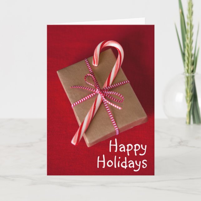 Cartão De Festividades Candy can on top of Christmas gift (Frente)