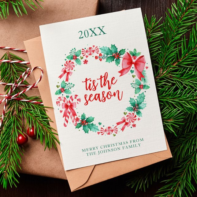 Cartão De Festividades Candy Candy Candy Candy Candy Candy Cana-de-Natal (Watercolor Peppermint Candy Cane Christmas Wreath Holiday Card)