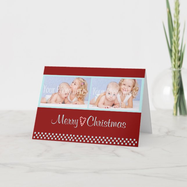 Cartão De Festividades Candy Cane Christmas Double Photo Red (Frente)