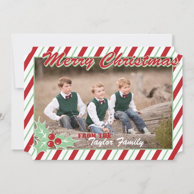 Cartão De Festividades Candy Cane Stripe Personalize Christmas Photo Card (Frente)