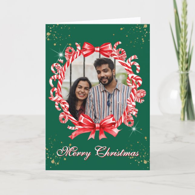 Cartão De Festividades Candy Cane Wreath Foto de Natal (Frente)