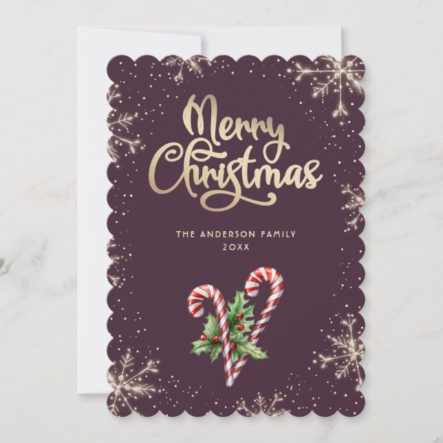 Cartão De Festividades Candy Canes Holly Berries Violet Christmas Card (Frente)