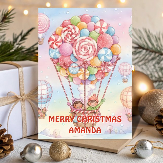Cartão De Festividades Candy Hot Air Balloon Christmas Kids Card (Criador carregado)