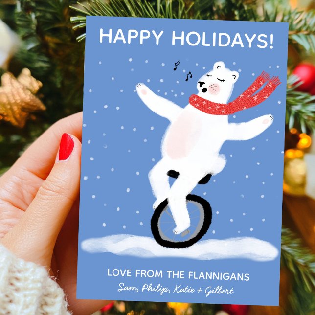 Cartão De Festividades Cantando personalização de Natal do Urso Polar Uni (Singing Unicycle Polar Bear Christmas Custom Holiday Card
)