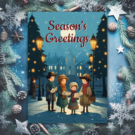 Cartão De Festividades Canto de Natal Vintage Meados do Século Passado Re