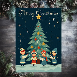 Cartão De Festividades Canto de Natal Vintage Meados do Século Retrô